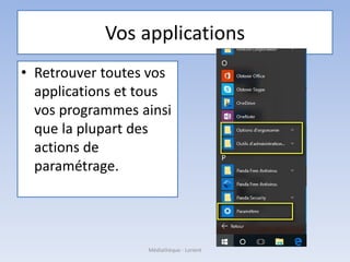 Vos applications
• Retrouver toutes vos
applications et tous
vos programmes ainsi
que la plupart des
actions de
paramétrage.
Médiathèque - Lorient
 