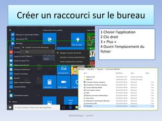 Créer un raccourci sur le bureau
1 Choisir l’application
2 Clic droit
3 « Plus »
4 Ouvrir l’emplacement du
fichier
Médiathèque - Lorient
 