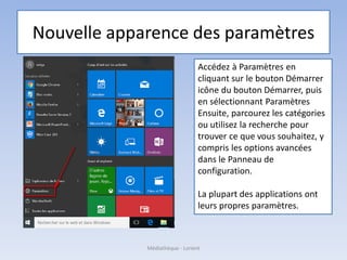 Nouvelle apparence des paramètres
Accédez à Paramètres en
cliquant sur le bouton Démarrer
icône du bouton Démarrer, puis
en sélectionnant Paramètres
Ensuite, parcourez les catégories
ou utilisez la recherche pour
trouver ce que vous souhaitez, y
compris les options avancées
dans le Panneau de
configuration.
La plupart des applications ont
leurs propres paramètres.
Médiathèque - Lorient
 