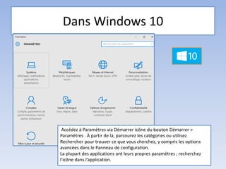 Dans Windows 10
Médiathèque - Lorient
Accédez à Paramètres via Démarrer icône du bouton Démarrer >
Paramètres . À partir de là, parcourez les catégories ou utilisez
Rechercher pour trouver ce que vous cherchez, y compris les options
avancées dans le Panneau de configuration.
La plupart des applications ont leurs propres paramètres ; recherchez
l’icône dans l’application.
 