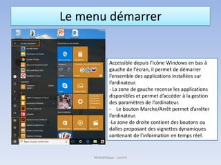 Le menu démarrer
Accessible depuis l’icône Windows en bas à
gauche de l'écran, il permet de démarrer
l’ensemble des applications installées sur
l’ordinateur.
- La zone de gauche recense les applications
disponibles et permet d’accéder à la gestion
des paramètres de l’ordinateur.
- Le bouton Marche/Arrêt permet d’arrêter
l’ordinateur.
-La zone de droite contient des boutons ou
dalles proposant des vignettes dynamiques
contenant de l’information en temps réel.
Médiathèque - Lorient
 