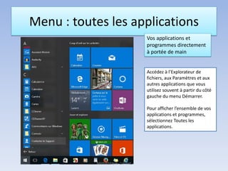 Menu : toutes les applications
Vos applications et
programmes directement
à portée de main
Accédez à l’Explorateur de
fichiers, aux Paramètres et aux
autres applications que vous
utilisez souvent à partir du côté
gauche du menu Démarrer.
Pour afficher l’ensemble de vos
applications et programmes,
sélectionnez Toutes les
applications.
Médiathèque - Lorient
 