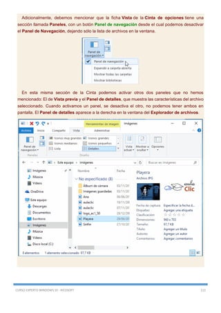 CURSO EXPERTO WINDOWS 10 - RICOSOFT 112
Adicionalmente, debemos mencionar que la ficha Vista de la Cinta de opciones tiene una
sección llamada Paneles, con un botón Panel de navegación desde el cual podemos desactivar
el Panel de Navegación, dejando sólo la lista de archivos en la ventana.
En esta misma sección de la Cinta podemos activar otros dos paneles que no hemos
mencionado: El de Vista previa y el Panel de detalles, que muestra las características del archivo
seleccionado. Cuando activamos un panel, se desactiva el otro, no podemos tener ambos en
pantalla. El Panel de detalles aparece a la derecha en la ventana del Explorador de archivos.
 