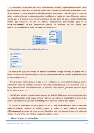 CURSO EXPERTO WINDOWS 10 - RICOSOFT 115
- Con el ratón, sitúate en la zona vacía de la ventana y arrastra diagonalmente el ratón. Verás
que se dibuja un cuadro azul, los archivos que cubras con este cuadro serán los que se seleccionen.
Sigue arrastrando hasta abarcar todos los elementos a seleccionar y después suelta el botón del
ratón. Los elementos se van seleccionando a medida que el cuadro les cubre. Debemos tener en
cuenta que, si el archivo no se muestra coloreado de azul claro, es que no está seleccionado.
Vemos dos imágenes, en una los hemos, efectivamente, seleccionado, pero en la
otra Koala y Faro no se han seleccionado, porque sus nombres son más cortos, para
seleccionarlos deberíamos haber hecho el cuadro más ancho.
Seleccionar varios elementos alternativos.
Lo habitual es que, si hacemos clic sobre un elemento y luego hacemos clic sobre otro, la
selección cambie del primero al segundo archivo, pero podemos indicar que lo que queremos hacer
es seguir seleccionando.
- Con el teclado, mantén pulsada la tecla Ctrl y ve haciendo clic sobre los elementos que quieres
seleccionar. Mediante esta tecla especial le indicamos al ordenador que lo que queremos hacer es
seguir seleccionando. Para deseleccionar un elemento seleccionando, pulsamos de nuevo sobre
él, sin soltar la tecla Ctrl.
- Con el ratón también se puede hacer, pero no por defecto. Deberemos activar una opción para
ver pequeñas casillas junto a cada archivo y carpeta y podremos ir marcando/desmarcando las
casillas para seleccionar. En este avanzado puedes aprender a activar esta opción:
Si queremos seleccionar archivos aleatorios en la Lista de Archivos ya hemos visto que
podemos hacerlo mediante el teclado usando la tecla Ctrl, pero podemos configurar
el Explorador de archivos para que nos permita realizar esta misma acción únicamente utilizando
el ratón, de una forma más intuitiva. Los pasos a seguir serían:
1. Hacer clic sobre el nenú Archivo.
 