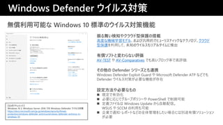 OҪʤ
? ȶЄ
? Ҫˏꤸƥ`ץݥꥷ` PowerShell 
? xե Windows Update Ԅš
WSUS  SCCM ä
? I֪ͨ?ݩ`Ȥʤɤȫ򤷤Ϥˤτe;Ѓ`
Ҫ
oÿܤ Windows 10 ˜ʤΥ륹ߙC
ЃեȤȉʤu
AV-TEST  AV-Comparatives Ǥߤ֥åʤǸu
褤֪䥯饦ͱoδd
߶ȤʙCеѧǥ롢ӚõĤǥҥ`ꥹƥåʥƥΥ饦
ͱoäơδ֪Υ륹ꥢ륿˗ʳ
Windows Defender 륹
ʽɥȡ
Windows 10  Windows Server 2016 Ǥ Windows Defender 륹
https://docs.microsoft.com/ja-jp/windows/security/threat-
protection/windows-defender-antivirus/windows-defender-antivirus-in-
windows-10
 Defender `ȤBЯ
Windows Defender Exploit Guard  Microsoft Defender ATP ʤɤǤ
Defender 륹ߤҪʙCܤ
 