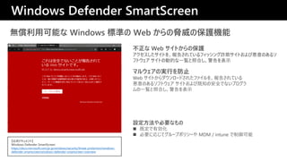 oÿܤ Windows ˜ʤ Web {αoC
ޥ륦ΌgФֹ
Web Ȥ`ɤ줿ե򡢈椵Ƥ
Τ륽եȥ ȤӼ֪ΰȫǤʤץ
һEպϤʾ
 Web Ȥαo
Ȥ򡢈椵ƤեåpۥȤӐΤ륽
եȥ Ȥ΄ӵĤһEպϤʾ
Windows Defender SmartScreen
ʽɥȡ
Windows Defender SmartScreen
https://docs.microsoft.com/ja-jp/windows/security/threat-protection/windows-
defender-smartscreen/windows-defender-smartscreen-overview
OҪʤ
? ȶЄ
? Ҫˏꤸƥ`ץݥꥷ` MDM / intune 
 