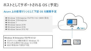 ホストとしてサポートされる OS (予定)
Azure 上の仮想マシンとして下記 OS を展開予定
◼ Windows 10 Enterprise マルチセッション (WVD 限定)
◼ Windows 10 Enterprise
◼ Windows 7
◼ Windows Server 2019
◼ Windows Server 2016
◼ Windows Server 2012 R2
Windows 10 Enterprise マルチセッション
◼ マルチセッション機能を備えた Windows 10
◼ それ以外は通常の Windows 10 と同様
◼ WVD 環境のみで使用が可能
 