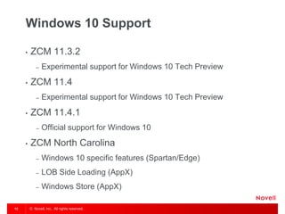 © Novell, Inc. All rights reserved.13
Windows 10 Support
• ZCM 11.3.2
– Experimental support for Windows 10 Tech Preview
• ZCM 11.4
– Experimental support for Windows 10 Tech Preview
• ZCM 11.4.1
– Official support for Windows 10
• ZCM North Carolina
– Windows 10 specific features (Spartan/Edge)
– LOB Side Loading (AppX)
– Windows Store (AppX)
 