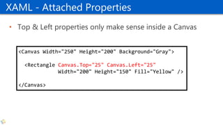 XAML - Attached Properties
• Top & Left properties only make sense inside a Canvas
<Canvas Width="250" Height="200" Background="Gray">
<Rectangle Canvas.Top="25" Canvas.Left="25"
Width="200" Height="150" Fill="Yellow" />
</Canvas>
 