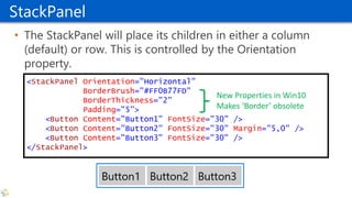 StackPanel
• The StackPanel will place its children in either a column
(default) or row. This is controlled by the Orientation
property.
<StackPanel Orientation="Horizontal"
BorderBrush="#FF0B77FD"
BorderThickness="2"
Padding="5">
<Button Content="Button1" FontSize="30" />
<Button Content="Button2" FontSize="30" Margin="5,0" />
<Button Content="Button3" FontSize="30" />
</StackPanel>
New Properties in Win10
Makes ‘Border’ obsolete
 