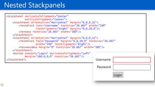 Nested Stackpanels
<StackPanel HorizontalAlignment="Center"
VerticalAlignment="Center">
<StackPanel Orientation="Horizontal" Margin="0,0,0,12">
<TextBlock Text="Username" FontSize="26.667" Width="240"
TextAlignment="Right" Margin="0,0,20,0"/>
<TextBox FontSize="26.667" Width="300"/>
</StackPanel>
<StackPanel Orientation="Horizontal" Margin="0,0,0,12">
<TextBlock Text="Password" Margin="0,0,20,0" FontSize="26.667"
Width="240" TextAlignment="Right"/>
<PasswordBox Margin="0" FontSize="26.667" Width="300"/>
</StackPanel>
<Button Content="Login" HorizontalAlignment="Left"
Margin="260,0,0,0" FontSize="26.667"/>
</StackPanel>
 