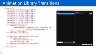 Animation Library Transitions
<ItemsControl>
<Rectangle Fill="Red" Margin="10" />
<Rectangle Fill="Red" Margin="10"/>
<Rectangle Fill="Red" Margin="10"/>
<Rectangle Fill="Red" Margin="10"/>
<Rectangle Fill="Red" Margin="10"/>
<Rectangle Fill="Red" Margin="10"/>
<Rectangle Fill="Red" Margin="10"/>
<Rectangle Fill="Red" Margin="10"/>
<ItemsControl.ItemsPanel>
<ItemsPanelTemplate>
<ItemsWrapGrid ItemHeight="150" ItemWidth="150"
Orientation="Horizontal" />
</ItemsPanelTemplate>
</ItemsControl.ItemsPanel>
<ItemsControl.ItemContainerTransitions>
<TransitionCollection>
<ReorderThemeTransition />
</TransitionCollection>
</ItemsControl.ItemContainerTransitions>
</ItemsControl>
 