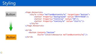 Styling
<Page.Resources>
<Style x:Key="HollandButtonStyle" TargetType="Button">
<Setter Property="Background" Value="#FFFF9E00"/>
<Setter Property="FontSize" Value="40"/>
<Setter Property="FontStyle" Value="Italic"/>
</Style>
</Page.Resources>
<Grid>
<Button Content="Button"
Style="{StaticResource HollandButtonStyle}"/>
</Grid>
 