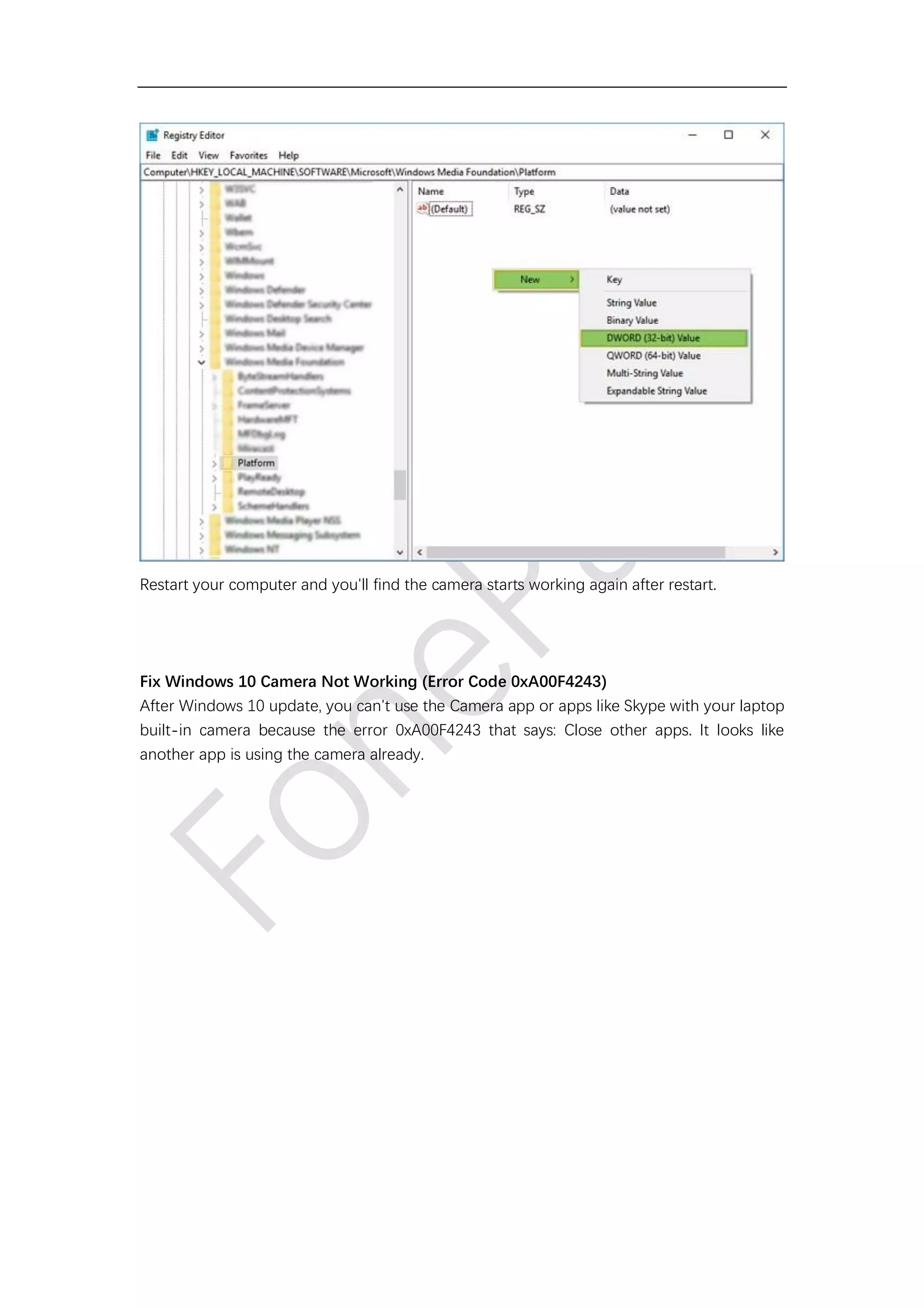 Restart your computer and you'll find the camera starts working again after restart.
Fix Windows 10 Camera Not Working (Error Code 0xA00F4243)
After Windows 10 update, you can't use the Camera app or apps like Skype with your laptop
built-in camera because the error 0xA00F4243 that says: Close other apps. It looks like
another app is using the camera already.
 