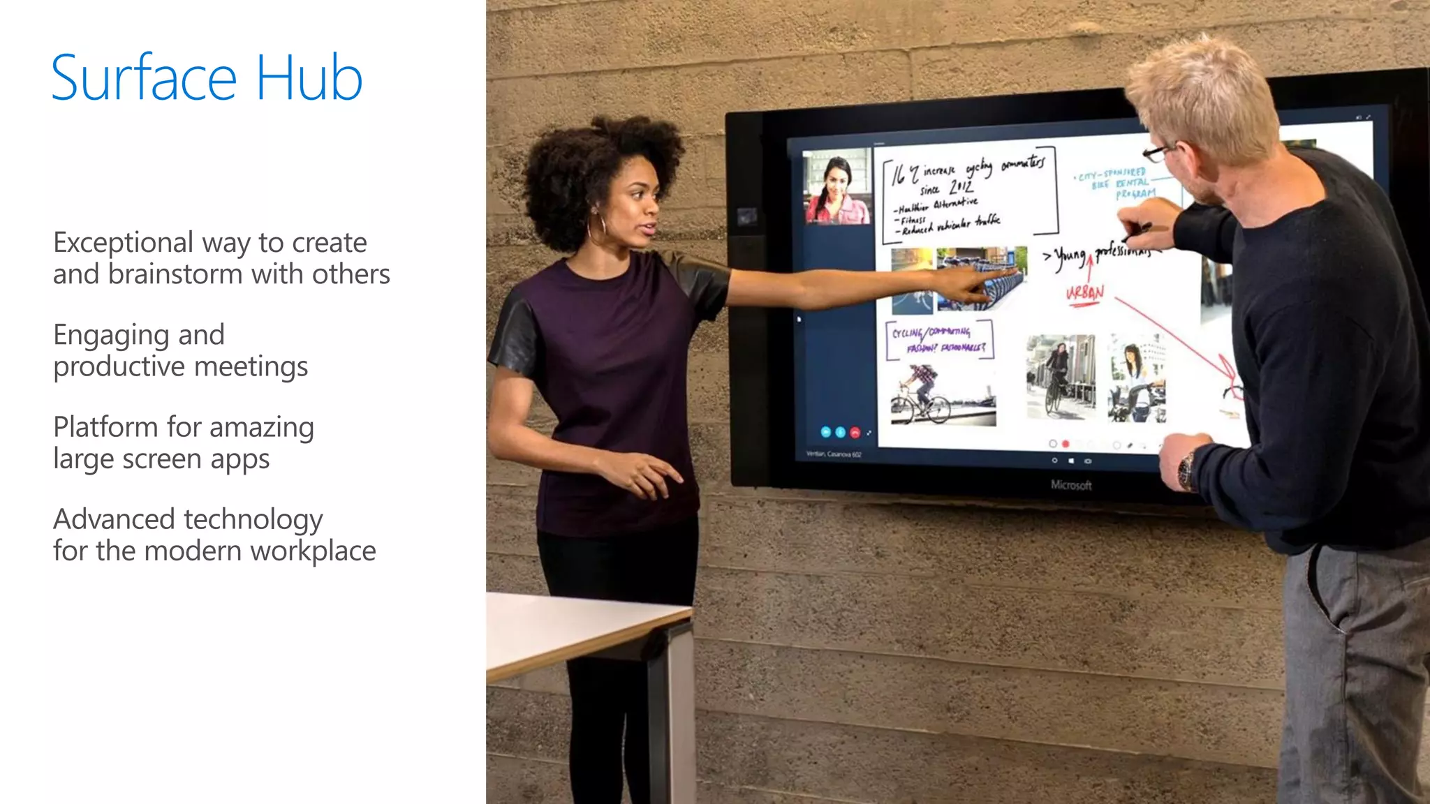 Exceptional way to create
and brainstorm with others
Engaging and
productive meetings
Platform for amazing
large screen apps
Advanced technology
for the modern workplace
 