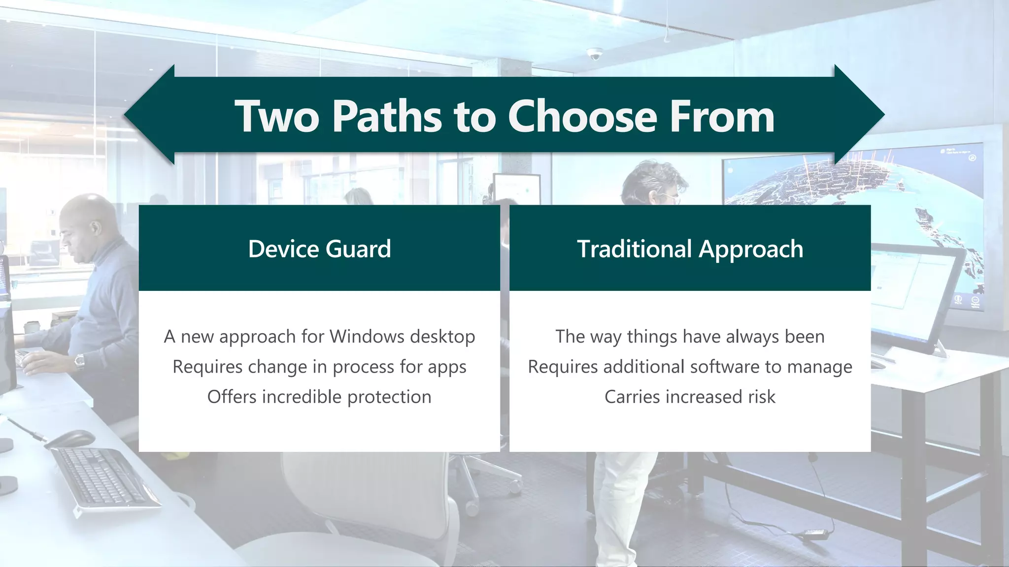 Two Paths to Choose From
Device Guard
A new approach for Windows desktop
Requires change in process for apps
Offers incredible protection
Traditional Approach
The way things have always been
Requires additional software to manage
Carries increased risk
 