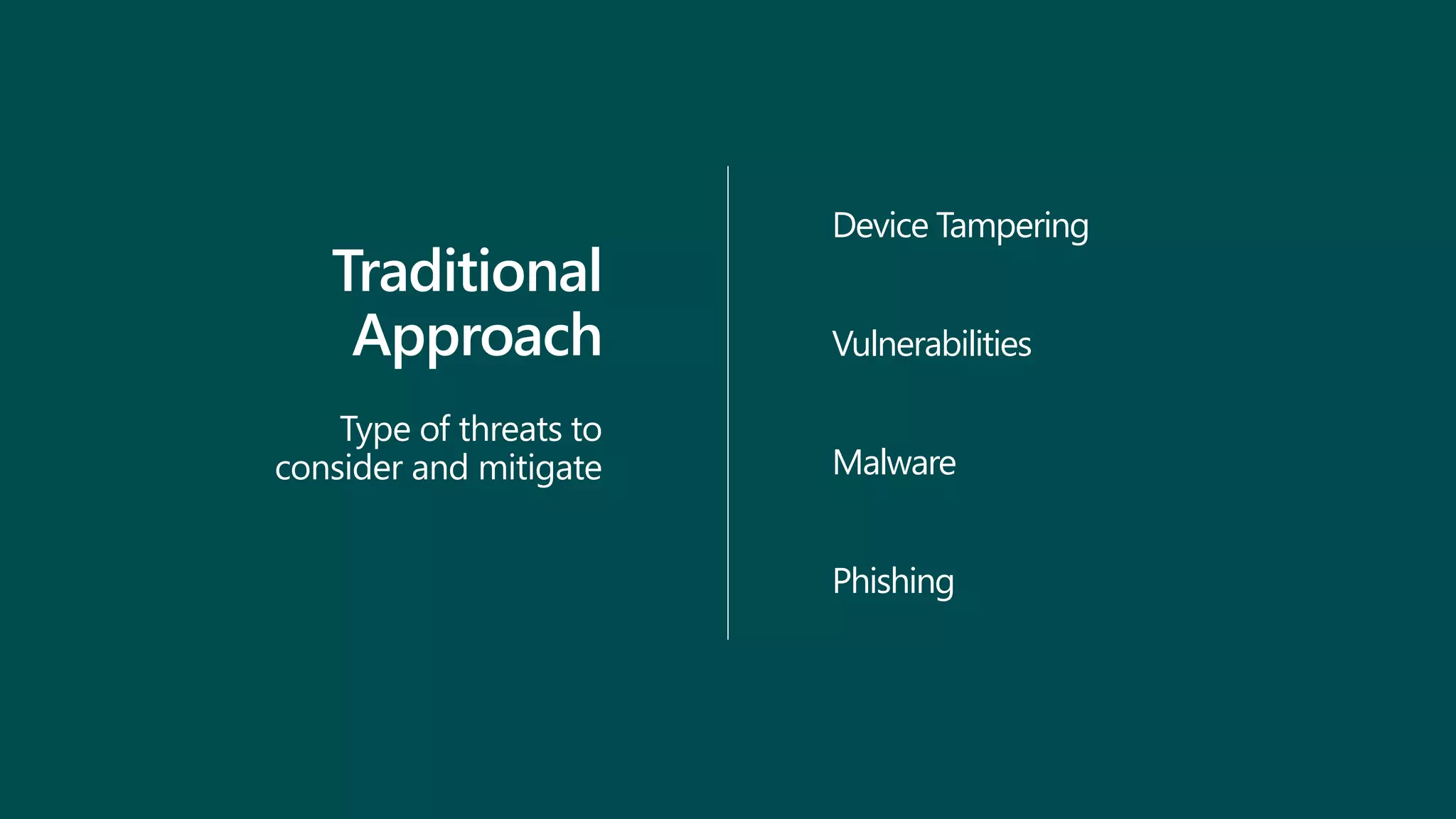 Device Tampering
Vulnerabilities
Malware
Phishing
Traditional
Approach
Type of threats to
consider and mitigate
 