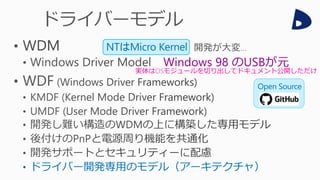 Windows 98 のUSBが元
• ドライバー開発専用のモデル（アーキテクチャ）
NTはMicro Kernel
Open Source
実体はOSモジュールを切り出してドキュメント公開しただけ
 
