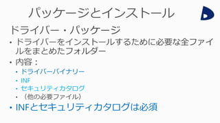 • ドライバーバイナリー
• INF
• セキュリティカタログ
• INFとセキュリティカタログは必須
 