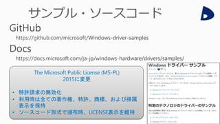 The Microsoft Public License (MS-PL)
2015に変更
• 特許請求の無効化
• 利用時は全ての著作権、特許、商標、および帰属
表示を保持
• ソースコード形式で頒布時、LICENSE表示を維持
 