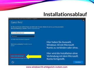 Installationsablauf
Hier haben Sie Auswahl,
Windows 10 mit Microsoft
Konto zu verbinden oder ohne.
Hier wird die Installation ohne
Verbindung mit dem Microsoft
Konto fertigstellt.
www.windows10-erfolgreich-nutzen.com
 