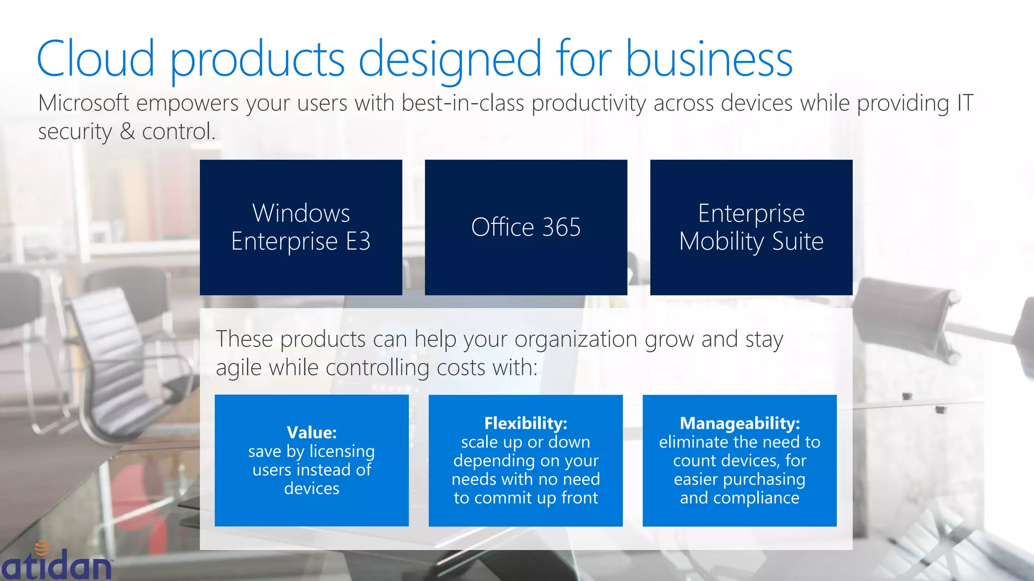 Microsoft empowers your users with best-in-class productivity across devices while providing IT
security & control.
Windows
Enterprise E3
Enterprise
Mobility Suite
Office 365
These products can help your organization grow and stay
agile while controlling costs with:
Value:
save by licensing
users instead of
devices
Manageability:
eliminate the need to
count devices, for
easier purchasing
and compliance
Flexibility:
scale up or down
depending on your
needs with no need
to commit up front
 