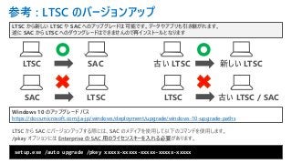 参考 : LTSC のバージョンアップ
古い LTSC
Windows 10 のアップグレード パス
https://docs.microsoft.com/ja-jp/windows/deployment/upgrade/windows-10-upgrade-paths
setup.exe /auto upgrade /pkey xxxxx-xxxxx-xxxxx-xxxxx-xxxxx
新しい LTSCLTSC SAC
LTSC から新しい LTSC や SAC へのアップグレードは可能です。データやアプリも引き継がれます。
逆に SAC から LTSC へのダウングレードはできませんので再インストールとなります
SAC LTSC 古い LTSC / SACLTSC
 