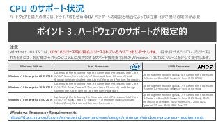 注意
Windows 10 LTSC は、LTSC のリリース時に現在リリースされているシリコンをサポートします。 将来世代のシリコンがリリースさ
れたときには、お客様がそれらのシステムに展開できるサポート機能を将来の Windows 10 LTSC リリースを介して提供します。
Windows Processor Requirements
https://docs.microsoft.com/en-us/windows-hardware/design/minimum/windows-processor-requirements
Windows Edition Intel Processors AMD Processors
Windows 10 Enterprise 2015 LTSB
Up through the following Intel 6th Generation Processors (Intel Core
i3/i5/i7-6xxxx, Core m3/m5/m7-6xxx, and Xeon E3-xxxx v5) and
through series equivalent Intel Atom, Celeron and Pentium Processors
Up through the following AMD 6th Generation Processors
(A-Series Ax-8xxx & E-Series Ex-8xxx & FX-870K)
Windows 10 Enterprise 2016 LTSB
Up through the following Intel 7th Generation Processors (Intel Core
i3/i5/i7/i9-7xxxx, Core m3-7xxx, and Xeon E3-xxxx v6) and through
current Intel Atom, Celeron, and Pentium Processors
Up through the following AMD 7th Generation Processors
(A-Series Ax-9xxx & E-Series Ex-9xxx & FX-9xxx)
Windows 10 Enterprise LTSC 2019
Up through the following 9th Generation Intel Processors (Intel Core
i3/i5/i7/i9-9xxxK), Xeon E3-xxxx v6***, Intel Atom (J4xxx/J5xxx and
N4xxx/N5xxx), Celeron and Pentium Processors
Up through the following AMD 7th Generation Processors
(A-Series Ax-9xxx & E-Series Ex-9xxx & FX-9xxx); AMD
Athlon 2xx processors, AMD Ryzen 3/5/7 2xxx, AMD
Opteron**** and AMD EPYC 7xxx****
ポイント 3 : ハードウェアのサポートが限定的
CPU のサポート状況
 