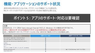 機能・アプリケーション 半期チャネル / SAC 長期サービスチャネル / LTSC
Device Guard / AppLocker / Credential Guard ● ●
Microsoft Application Virtualization (App-V) ● ●
Microsoft User Environment Virtualization (UE-V) ● ●
Cortana ●
Microsoft Edge ●
ストア ●
プレインストール UWP アプリ (例 : メール、カレンダー、OneNote) ●
Windows Defender ATP ● ▲ (ベースとなる Windows 10 のバージョンで変化)
Visual Studio 2017 ●
注意
原則的には、リリース時の Semi-Annual Channel 対応した Windows 10 の機能は利用可能です。
ただし一部のコンポーネントの削除やアプリケーションの非対応といった機能差は存在します。
また、ご使用のサードパーティ アプリケーションは LTSC の対応をご確認いただくことをお勧めします。
ポイント 5 : アプリのサポート・対応は要確認
機能・アプリケーションのサポート状況
 