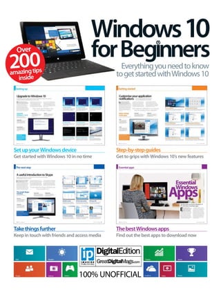 Everythingyouneedtoknow
togetstartedwithWindows10
Windows10
ThebestWindowsapps
Find out the best apps to download now
Takethingsfurther
Keep in touch with friends and access media
SetupyourWindowsdevice
Get started with Windows 10 in no time
Step-by-stepguides
Get to grips with Windows 10’s new features
100% UNOFFICIAL
Over
200amazingtips
inside
 