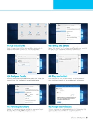 Windows 10 for Beginners 29
01:GotoAccounts
Go to the Start menu and click Settings. Select Accounts in the
Settings window. This is where user accounts are created.
02:Familyandothers
Ignore ‘Your account’ on the left and select ‘Family & other users’. On
the right, you can add a family member or someone else.
03:Addyourfamily
Creating an account is identical for family, other users, adults and
children. Enter their email address or click the link below.
04:Theyareinvited
If the user does not have an email address, you must create one.
Once the email is entered, the person will be sent an invitation.
05:Pendinginvitations
Back at the main screen you can see that the new user is ‘Adult,
Pending’. They are not yet fully accepted as a user.
06:Accepttheinvitation
The new user must log into their account on the PC, open the Mail
app, check their Inbox and click the Accept Invitation link.
 