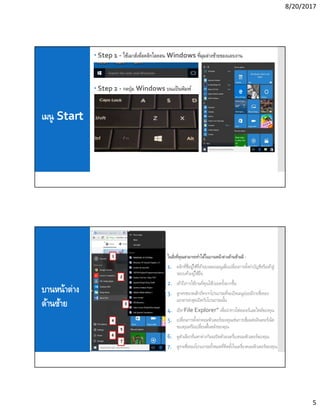 8/20/2017
5
เมนู Start
 Step 1 - ใช้เมาส์เพือคลิกไอคอน Windows ทีมุมล่างซ้ายของแถบงาน
 Step 2 - กดปุ่ม Windows บนแป้นพิมพ์
บานหน้าต่าง
ด้านซ้าย
ในสิงทีคุณสามารถทําได้ในบานหน้าต่างด้านซ้ายมี -
1. คลิกทีชือผู้ใช้ทีด้านบนของเมนูเพือเปลียนการตังค่าบัญชีหรือเข้าสู่
ระบบด้วยผู้ใช้อืน
2. เข้าถึงการใช้งานทีคุณใช้บ่อยครังมากขึน
3. ลูกศรขนาดเล็กถัดจากโปรแกรมทีจะเปิดเมนูย่อยมีรายชือของ
เอกสารล่าสุดเปิดกับโปรแกรมนัน
4. เปิด“File Explorer” เพือนําทางโฟลเดอร์และไฟล์ของคุณ
5. เปลียนการตังค่าคอมพิวเตอร์ของคุณเช่นการเชือมต่ออินเทอร์เน็ต
ของคุณหรือเปลียนพืนหลังของคุณ
6. ดูตัวเลือกทีแตกต่างกันจะปิดตัวลงเครืองคอมพิวเตอร์ของคุณ
7. ดูรายชือของโปรแกรมทังหมดทีติดตังในเครืองคอมพิวเตอร์ของคุณ
 