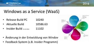 2016
Windows as a Service (WaaS)
13
• Release Build PC 10240
• Aktuelle Build 10586.63
• Insider Build 21.01.2016 11102
• Änderung in der Entwicklung von Windows
• Feedback System (z.B. Insider Programm)
 