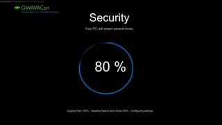 26 Internal Use Only
21.09.2016Dies ist ein Platzhaltertext für Ihre Fußzeile6
Security
Your PC will restart several times.
80 %
Copying files 100% Installing featurs and drivers 80% Configuring settings
 