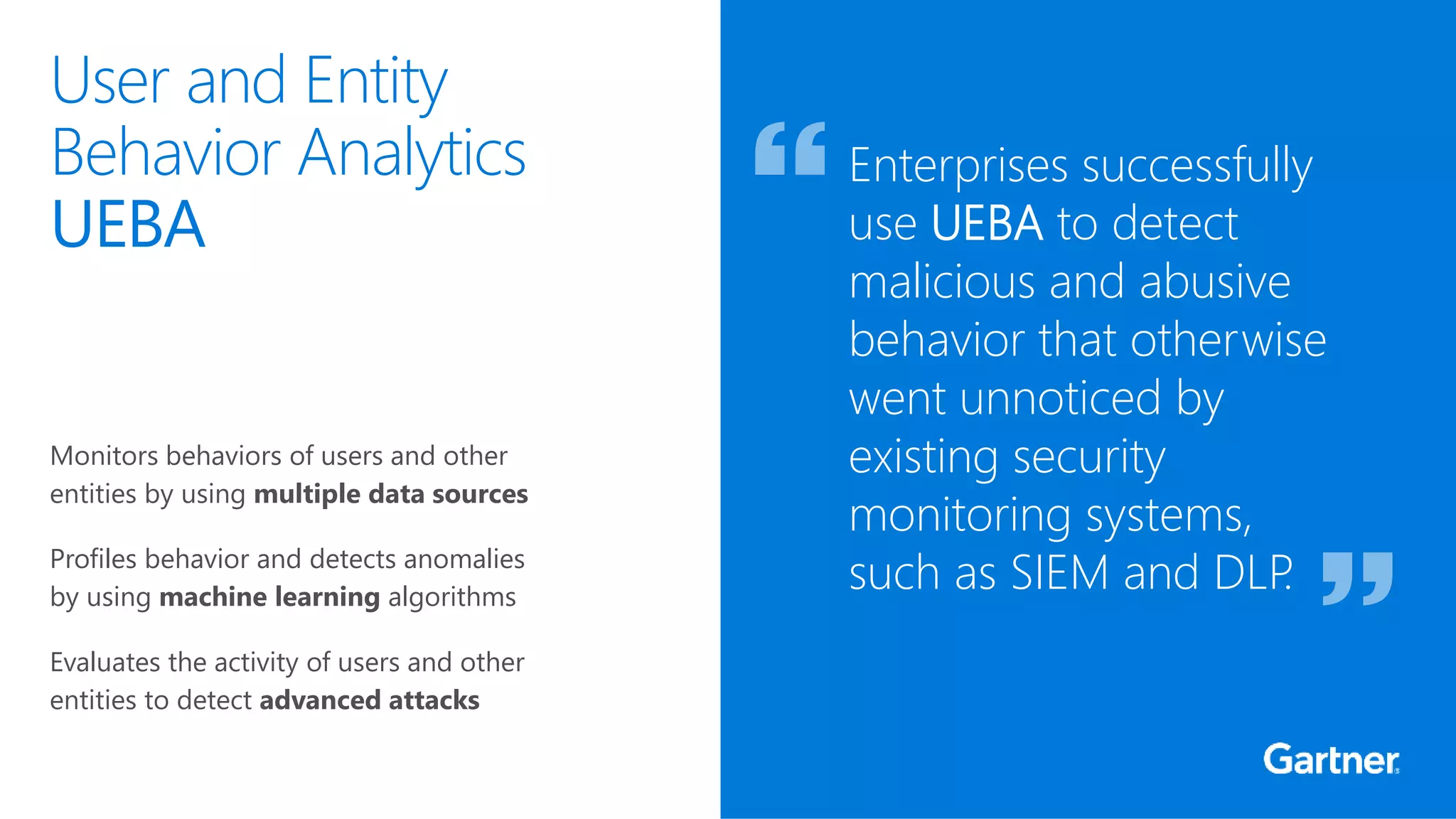 Monitors behaviors of users and other
entities by using multiple data sources
Profiles behavior and detects anomalies
by using machine learning algorithms
Evaluates the activity of users and other
entities to detect advanced attacks
User and Entity
Behavior Analytics
UEBA
Enterprises successfully
use UEBA to detect
malicious and abusive
behavior that otherwise
went unnoticed by
existing security
monitoring systems,
such as SIEM and DLP.
 
