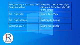 Windows key + up / down / left
/ right arrow key
Maximize / minimize or align
window in the left or right half
of the screen
Alt + Tab Hold Opens Task View
Alt + Tab Release Switches to the app
Windows key + I Opens the settings
 
