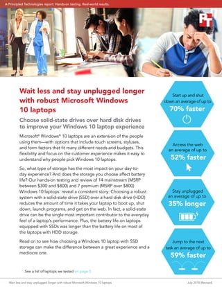 Wait less and stay unplugged longer
with robust Microsoft Windows
10 laptops
Choose solid-state drives over hard disk drives
to improve your Windows 10 laptop experience
Microsoft®
Windows®
10 laptops are an extension of the people
using them—with options that include touch screens, styluses,
and form factors that fit many different needs and budgets. This
flexibility and focus on the customer experience makes it easy to
understand why people pick Windows 10 laptops.
So, what type of storage has the most impact on your day-to-
day experience? And does the storage you choose affect battery
life? Our hands-on testing and review of 14 mainstream (MSRP
between $300 and $800) and 7 premium (MSRP over $800)
Windows 10 laptops†
reveal a consistent story: Choosing a robust
system with a solid-state drive (SSD) over a hard disk drive (HDD)
reduces the amount of time it takes your laptop to boot up, shut
down, launch programs, and get on the web. In fact, a solid-state
drive can be the single most important contributor to the everyday
feel of a laptop’s performance. Plus, the battery life on laptops
equipped with SSDs was longer than the battery life on most of
the laptops with HDD storage.
Read on to see how choosing a Windows 10 laptop with SSD
storage can make the difference between a great experience and a
mediocre one.
†
.See a list of laptops we tested on page 5
Start up and shut
down an average of up to
70% faster
Jump to the next
task an average of up to
59% faster
Access the web
an average of up to
52% faster
Stay unplugged
an average of up to
35% longer
Wait less and stay unplugged longer with robust Microsoft Windows 10 laptops	 July 2018 (Revised)
A Principled Technologies report: Hands-on testing. Real-world results.A Principled Technologies report: Hands-on testing. Real-world results.
 