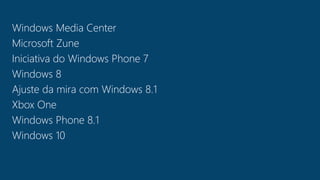 Windows Media Center 
Microsoft Zune 
Iniciativa do Windows Phone 7 
Windows 8 
Ajuste da mira com Windows 8.1 
Xbox One 
Windows Phone 8.1 
Windows 10 
 