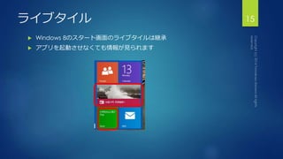 ライブタイル15 
 Windows 8のスタート画面のライブタイルは継承 
 アプリを起動させなくても情報が見られます 
 