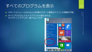 すべてのプログラムを表示17 
 スタートメニューとWindows 8仕様のスタート画面はアイコンの移動が可能 
 すべてプログラムでストアアプリから表示される 
デスクトップアプリが一番下なんですが 
 