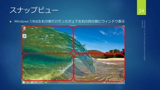 スナップビュー24 
 Windows 7/8は左右分割だけだったが上下左右の四分割にウィンドウ表示 
 