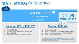 情報 2 : 品質更新プログラムについて
品質更新プログラム
(QU : Quality Update)
リリース頻度 : 毎月
月例更新
プログラム
◼ 毎月ほぼ一定の容量
◼ 非常にコンパクトなサイズで以前の差分配信程度のサイズ
◼ 最新の更新プログラムの適用のみで過去の問題も修正
◼ 特にインフラを選ばず配信が可能
◼ 累積型で毎月増加
◼ 0 MB からスタートし毎月約 100 ～ 200 MB 増加
◼ 最大で約 1 GB 強
◼ マイクロソフト製品の機能で差分配信などが可能
6
Version 1507 ～ 1803 まで Version 1809 から
Windows 10 および Windows Server の品質更新プログラムのコンパクト化を発表
https://blogs.windows.com/japan/2018/11/14/what-s-next-for-windows-10-
and-windows-server-quality-updates
デザインを
大幅に変更！
 
