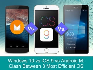 Windows 10 vs iOS 9 vs Android M:
Clash Between 3 Most Efficient OS
Vs. Vs.
 