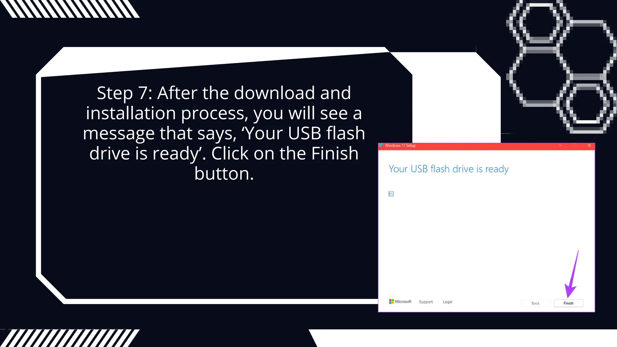 Step 7: After the download and
installation process, you will see a
message that says, ‘Your USB flash
drive is ready’. Click on the Finish
button.
 