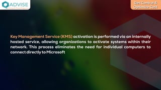 Get Control &
Optimize Cost
License Cloud Experts
Key Management Service (KMS) activation is performed via an internally
hosted service, allowing organizations to activate systems within their
network. This process eliminates the need for individual computers to
connectdirectlytoMicrosoft
 