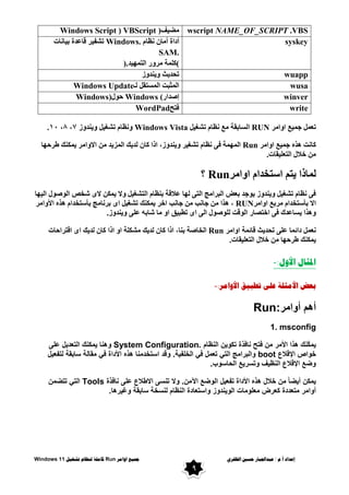 ٌ‫انظفز‬ ‫حسني‬ ‫عبذاجلبار‬ / ‫و‬.‫أ‬ ‫إعذاد‬
‫اوايز‬ ‫مجُع‬
Run
‫تشغُم‬ ‫ننظاو‬ ‫كايهت‬
Windows 11
9
‫ف‬١‫ِؼ‬
Windows Script ) VBScript ) wscript NAME_OF_SCRIPT .VBS
َ‫ٔظب‬ ْ‫أِب‬ ‫أداح‬
Windows.
‫بٔبد‬١‫ث‬ ‫لبػذح‬ ‫ش‬١‫رشف‬
SAM.
(
‫ذ‬١ّٙ‫اٌز‬ ‫س‬ٚ‫ِش‬ ‫وٍّخ‬
).
syskey
‫ص‬ٚ‫ٕذ‬٠ٚ ‫ش‬٠‫رؾذ‬ wuapp
ٌّ‫ا‬ ‫اٌّضجذ‬
‫ٌـ‬ ً‫غزم‬
Windows Update wusa
‫إطذاس‬
Windows (
‫ي‬ٛ‫ؽ‬
Windows) winver
‫فزؼ‬
WordPad write
ًّ‫رؼ‬
‫اِش‬ٚ‫ا‬ ‫غ‬١ّ‫ع‬
RUN
ً١‫رشغ‬ َ‫ٔظب‬ ‫ِغ‬ ‫اٌغبثمخ‬
Windows Vista
‫ص‬ٚ‫ٕذ‬٠ٚ ً١‫رشغ‬ َ‫ٔظب‬ٚ
7
،
8
،
01
.
‫اِش‬ٚ‫ا‬ ‫غ‬١ّ‫ع‬ ٖ‫٘ز‬ ‫وبٔذ‬
Run
‫ّى‬٠ ‫اِش‬ٚ‫اال‬ ِٓ ‫ذ‬٠‫اٌّض‬ ‫ه‬٠‫ٌذ‬ ْ‫وب‬ ‫ارا‬ ،‫ص‬ٚ‫ٕذ‬٠ٚ ‫ش‬١‫رشغ‬ َ‫ٔظب‬ ٝ‫ف‬ ‫ّخ‬ٌّٙ‫ا‬
‫ب‬ٙ‫ؽشؽ‬ ‫ٕه‬
‫مبد‬١ٍ‫اٌزؼ‬ ‫خالي‬ ِٓ
.
‫اِش‬ٚ‫ا‬ َ‫اعزخذا‬ ُ‫ز‬٠ ‫ٌّبرا‬
Run
‫؟‬
‫ب‬ٙ١ٌ‫ا‬ ‫ي‬ٛ‫ط‬ٌٛ‫ا‬ ‫شخض‬ ٜ‫ال‬ ٓ‫ّى‬٠ ‫ال‬ٚ ً١‫اٌزشغ‬ َ‫ثٕظب‬ ‫ػاللخ‬ ‫ب‬ٌٙ ٝ‫اٌز‬ ‫اٌجشاِظ‬ ‫ثؼغ‬ ‫عذ‬ٛ٠ ‫ص‬ٚ‫ٕذ‬٠ٚ ً١‫رشغ‬ َ‫ٔظب‬ ٝ‫ف‬
‫اِش‬ٚ‫ا‬ ‫ِشثغ‬ َ‫ثأعزخذا‬ ‫اال‬
RUN
‫اِش‬ٚ‫األ‬ ٖ‫٘ز‬ َ‫ثأعزخذا‬ ‫ثشٔبِظ‬ ٜ‫ا‬ ً١‫رشغ‬ ‫ّىٕه‬٠ ‫اخش‬ ‫عبٔت‬ ِٓ ‫عبٔت‬ ِٓ ‫٘زا‬ ،
٠ ‫٘زا‬ٚ
‫ص‬ٚ‫ٕذ‬٠ٚ ٍٝ‫ػ‬ ٗ‫شبث‬ ‫ِب‬ ٚ‫ا‬ ‫ك‬١‫رطج‬ ٜ‫ا‬ ٌٝ‫ا‬ ‫ي‬ٛ‫ط‬ٌٍٛ ‫لذ‬ٌٛ‫ا‬ ‫اخزظبس‬ ٝ‫ف‬ ‫غبػذن‬
.
‫اِش‬ٚ‫ا‬ ‫لبئّخ‬ ‫ش‬٠‫رؾذ‬ ٍٝ‫ػ‬ ‫دائّب‬ ًّ‫ٔؼ‬
Run
‫الزشاؽبد‬ ٜ‫ا‬ ‫ه‬٠‫ٌذ‬ ْ‫وب‬ ‫ارا‬ ٚ‫ا‬ ‫ِشىٍخ‬ ‫ه‬٠‫ٌذ‬ ْ‫وب‬ ‫ارا‬ ،‫ثٕب‬ ‫اٌخبطخ‬
‫مبد‬١ٍ‫اٌزؼ‬ ‫خالي‬ ِٓ ‫ب‬ٙ‫ؽشؽ‬ ‫ّىٕه‬٠
.
:‫األول‬ ‫ادلثال‬
-
:‫األوايز‬ ‫تطبُق‬ ً‫عه‬ ‫األيثهت‬ ‫بعض‬
-
‫أوامر‬ ‫أهم‬
Run:
1. msconfig
‫النظام‬ ‫تكوٌن‬ ‫نافذة‬ ‫فتح‬ ‫من‬ ‫األمر‬ ‫هذا‬ ‫ّنك‬‫ك‬‫ٌم‬
System Configuration.
‫على‬ ‫التعدٌل‬ ‫ٌمكنك‬ ‫وهنا‬
‫اإلقالع‬ ‫خواص‬
boot
.‫الخلفٌة‬ ً‫ف‬ ‫تعمل‬ ً‫الت‬ ‫والبرامج‬
ً‫ف‬ ‫األداة‬ ‫هذه‬ ‫استخدمنا‬ ‫وقد‬
‫لتفعٌل‬ ‫سابقة‬ ‫مقالة‬
‫الحاسوب‬ ‫وتسرٌع‬ ‫النظٌف‬ ‫اإلقالع‬ ‫وضع‬
.
‫تنسى‬ ‫وال‬ .‫اآلمن‬ ‫الوضع‬ ‫تفعٌل‬ ‫األداة‬ ‫هذه‬ ‫خالل‬ ‫من‬ ً‫ا‬‫أٌض‬ ‫ٌمكن‬
‫نافذة‬ ‫على‬ ‫االطالع‬
Tools
‫تتضمن‬ ً‫الت‬
‫وغٌرها‬ ‫سابقة‬ ‫لنسخة‬ ‫النظام‬ ‫واستعادة‬ ‫الوٌندوز‬ ‫معلومات‬ ‫كعرض‬ ‫متعددة‬ ‫أوامر‬
.
 