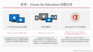 勉強用資料 | MS の正式見解ではありません
参考 : Intune for Education の優位性
Microsoft Intune for Education は、
IT 管理者が Windows を簡単に管理し、
使用するアプリを管理・展開できます
Intune for Education には
Intune 管理コンソールが含まれており、
新たなインフラやソフトに投資することなく、
多様なデバイスを管理することができます
統合ソリューションの一環として、
Microsoft のクラウドサービスとの完全な統合と
Office 365 の管理の容易さが含まれています。
効率化された登録、展開、管理
シンプルな Windows 管理 完全な管理 Microsoft サービスとの統合
クロスプラットフォームのサポート
簡単なデバイスとユーザーの管理、
手頃な価格の教育機関向けのサービス
 