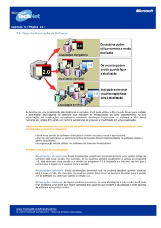 Capítulo 5 | Página 25 |

   3.8. Tipos de atualização do Software




           As tarefas em uma organização são dinâmicas e variadas. Você pode utilizar a Diretiva de Grupo para instalar
           e administrar atualizações de software que atendam às necessidades de cada departamento na sua
           organização. As atualizações normalmente envolvem mudanças importantes no software e têm novos
           números de versão. Em geral, um número substancial de arquivos é modificado em uma atualização.

           Vários acontecimentos no ciclo de vida do aplicativo podem desencadear a necessidade de uma
           atualização, incluindo o seguinte:

                      Uma nova versão do software é lançada e contém recursos novos e aprimorados.
                      Patches de segurança ou aprimoramentos de funções foram implementados no software desde o
                    último lançamento.
                      A organização decide utilizar um software de diversos fornecedores

           Existem três tipos de atualizações:

                    Atualizações obrigatórias. Essas atualizações substituem automaticamente uma versão antiga do
                    software pela nova versão. Por exemplo, se os usuários utilizam atualmente a versão do programa
                    1.0, eles removem essa versão e a versão do programa 2.0 é instalada na próxima vez em que o
                    computador é ligado ou o usuário inicia a sessão.

                    Atualizações opcionais. Essas atualizações permitem que os usuários decidam quando atualizar
                    para a nova versão. Por exemplo, os usuários podem determinar se desejam atualizar para a versão
                    2.0 do software ou continuar usando a versão 1.0.

                    Atualizações seletivas. Se alguns usuários precisarem de uma atualização e outros não, você pode
                    criar múltiplos GPOs para que sejam aplicados aos usuários que exigem a atualização e criar pacotes
                    de software apropriados a eles.




   www.microsoft.com/brasil/technet
   © 2003 Microsoft Corporation. Todos os direitos reservados.
 