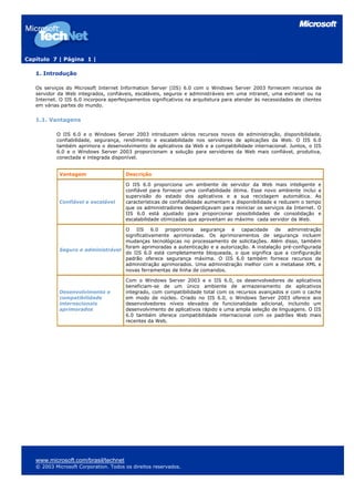 Capítulo 7 | Página 1 |

   1. Introdução

   Os serviços do Microsoft Internet Information Server (IIS) 6.0 com o Windows Server 2003 fornecem recursos de
   servidor da Web integrados, confiáveis, escaláveis, seguros e administráveis em uma intranet, uma extranet ou na
   Internet. O IIS 6.0 incorpora aperfeiçoamentos significativos na arquitetura para atender às necessidades de clientes
   em várias partes do mundo.


   1.1. Vantagens

           O IIS 6.0 e o Windows Server 2003 introduzem vários recursos novos de administração, disponibilidade,
           confiabilidade, segurança, rendimento e escalabilidade nos servidores de aplicações da Web. O IIS 6.0
           também aprimora o desenvolvimento de aplicativos da Web e a compatibilidade internacional. Juntos, o IIS
           6.0 e o Windows Server 2003 proporcionam a solução para servidores da Web mais confiável, produtiva,
           conectada e integrada disponível.


            Vantagem                   Descrição

                                       O IIS 6.0 proporciona um ambiente de servidor da Web mais inteligente e
                                       confiável para fornecer uma confiabilidade ótima. Esse novo ambiente inclui a
                                       supervisão do estado dos aplicativos e a sua reciclagem automática. As
            Confiável e escalável      características de confiabilidade aumentam a disponibilidade e reduzem o tempo
                                       que os administradores desperdiçavam para reiniciar os serviços da Internet. O
                                       IIS 6.0 está ajustado para proporcionar possibilidades de consolidação e
                                       escalabilidade otimizadas que aproveitam ao máximo cada servidor da Web.

                                   O IIS 6.0 proporciona segurança e capacidade de administração
                                   significativamente aprimoradas. Os aprimoramentos de segurança incluem
                                   mudanças tecnológicas no processamento de solicitações. Além disso, também
                                   foram aprimoradas a autenticação e a autorização. A instalação pré-configurada
            Seguro e administrável
                                   do IIS 6.0 está completamente bloqueada, o que significa que a configuração
                                   padrão oferece segurança máxima. O IIS 6.0 também fornece recursos de
                                   administração aprimorados. Uma administração melhor com a metabase XML e
                                   novas ferramentas de linha de comandos.

                                       Com o Windows Server 2003 e o IIS 6.0, os desenvolvedores de aplicativos
                                       beneficiam-se de um único ambiente de armazenamento de aplicativos
            Desenvolvimento e          integrado, com compatibilidade total com os recursos avançados e com o cache
            compatibilidade            em modo de núcleo. Criado no IIS 6.0, o Windows Server 2003 oferece aos
            internacionais             desenvolvedores níveis elevados de funcionalidade adicional, incluindo um
            aprimorados                desenvolvimento de aplicativos rápido e uma ampla seleção de linguagens. O IIS
                                       6.0 também oferece compatibilidade internacional com os padrões Web mais
                                       recentes da Web.




   www.microsoft.com/brasil/technet
   © 2003 Microsoft Corporation. Todos os direitos reservados.
 