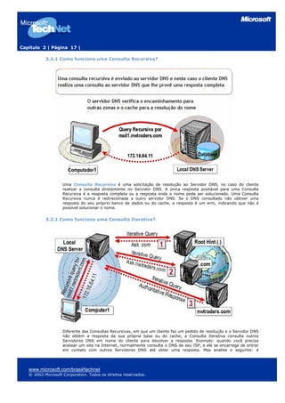 Capítulo 3 | Página 17 |

           3.2.1 Como funciona uma Consulta Recursiva?




                    Uma Consulta Recursiva é uma solicitação de resolução ao Servidor DNS, no caso do cliente
                    realizar a consulta diretamente no Servidor DNS. A única resposta aceitável para uma Consulta
                    Recursiva é a resposta completa ou a resposta onde o nome pode ser solucionado. Uma Consulta
                    Recursiva nunca é redirecionada a outro servidor DNS. Se o DNS consultado não obtiver uma
                    resposta do seu próprio banco de dados ou do cache, a resposta é um erro, indicando que não é
                    possível solucionar o nome.


           3.2.1 Como funciona uma Consulta Iterativa?




                    Diferente das Consultas Recursivas, em que um cliente faz um pedido de resolução e o Servidor DNS
                    não obtém a resposta da sua própria base ou do cache, a Consulta Iterativa consulta outros
                    Servidores DNS em nome do cliente para devolver a resposta. Exemplo: quando você precisa
                    acessar um site na Internet, normalmente consulta o DNS de seu ISP, e ele se encarrega de entrar
                    em contato com outros Servidores DNS até obter uma resposta. Mas analise o seguinte: é




   www.microsoft.com/brasil/technet
   © 2003 Microsoft Corporation. Todos os direitos reservados.
 
